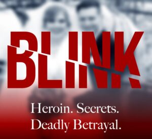 Thumbnail of blink podcast imagery red words over top of a wedding photo in black and white