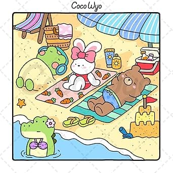 Coloring book page with cute bunny, bear, frog and alligator at the beach.