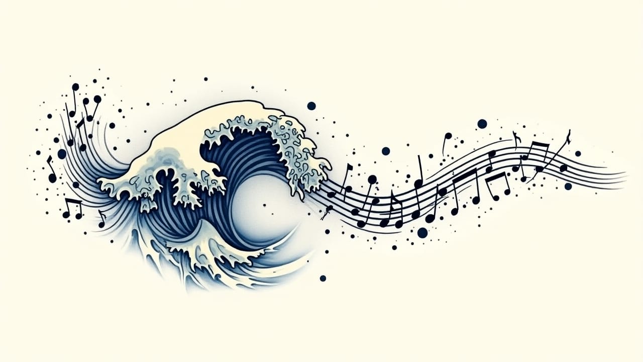 Ocean waves with music notes