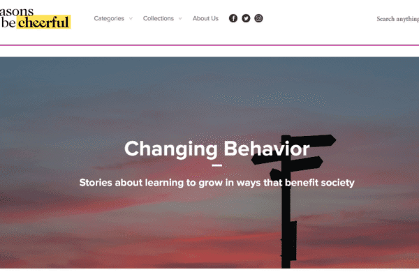Reasons to be cheerful web screenshot with sunset photo and words that say changing behavior