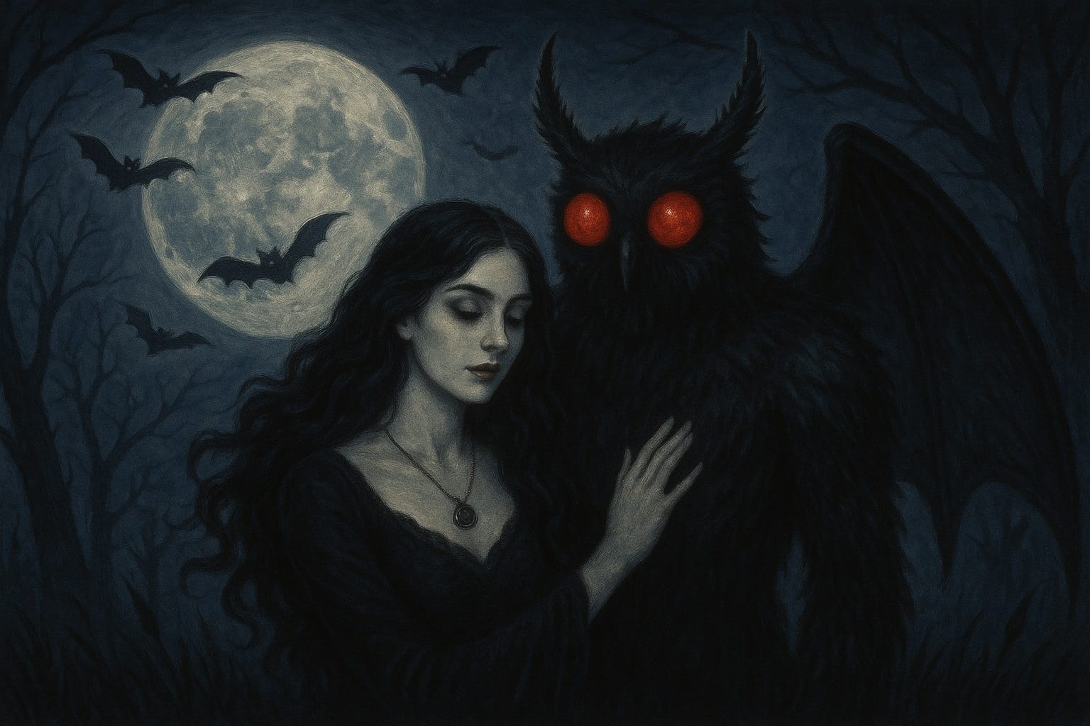 mothman cryptid with woman in the night bats around the moon