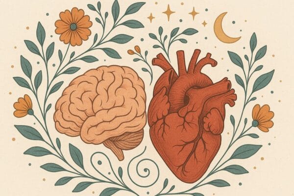 Mind Over Mayhem: Why Therapy is My Superpower (and Can Be Yours Too) Brain and Heart Health Illustration with flowers
