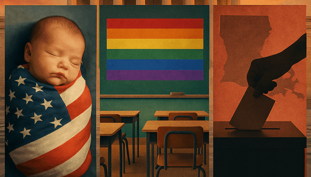 Baby wrapped in american flag, classroom with pride flag on chalkboard and hand putting ballot in a voting box