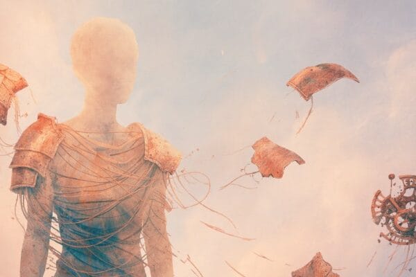 Faceless figure wrapped in taut strings as rusted armor fragments drift away into a soft pastel haze.