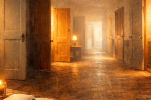 illustration showing multiple doors in a hallway