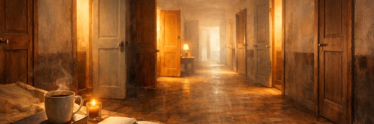 illustration showing multiple doors in a hallway