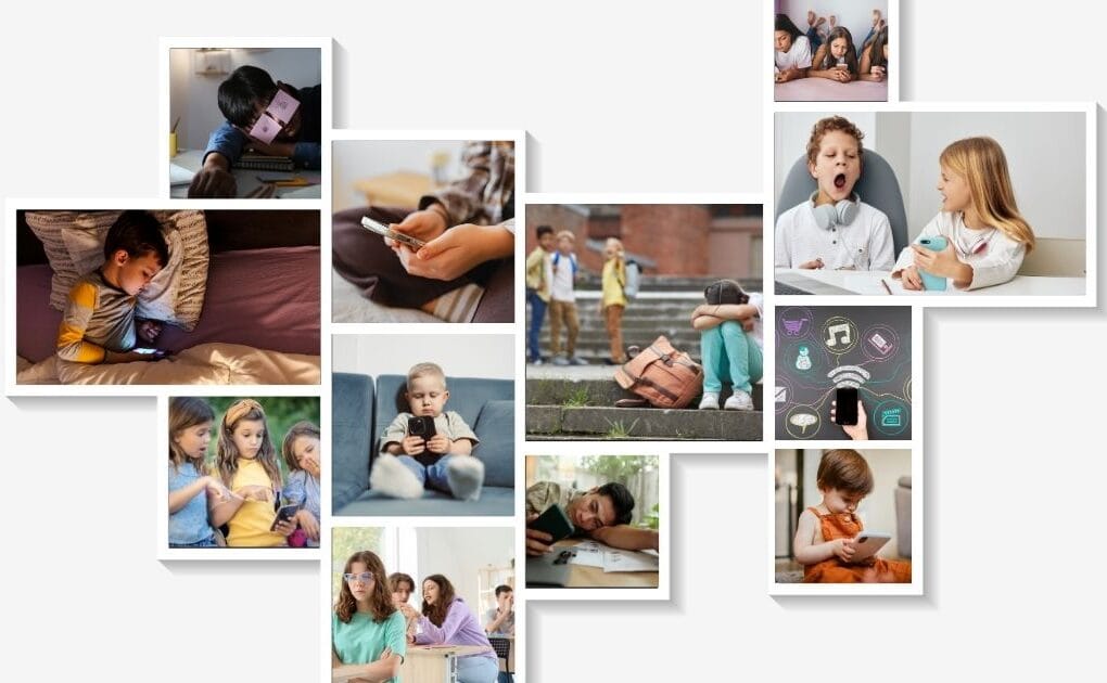 Collage grid of photos all related to kids on their phones and using social media
