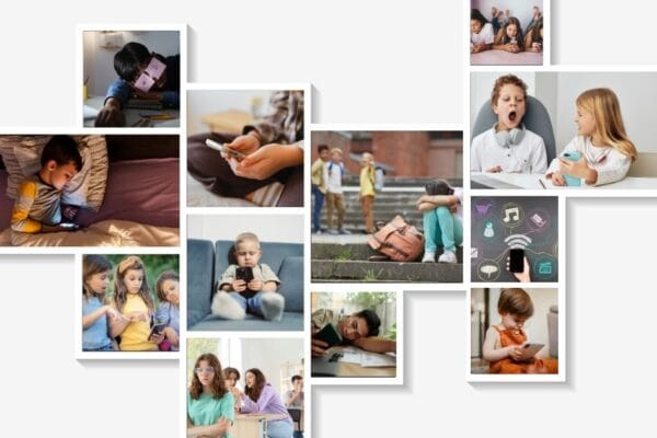 Collage grid of photos all related to kids on their phones and using social media
