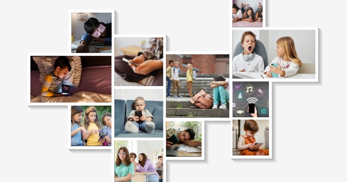 Collage grid of photos all related to kids on their phones and using social media
