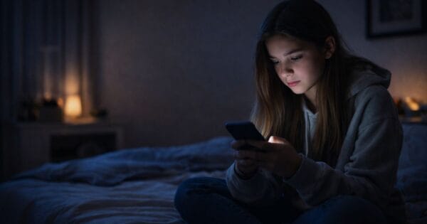 Teen girl face lit up by cell phone at night instead of sleeping