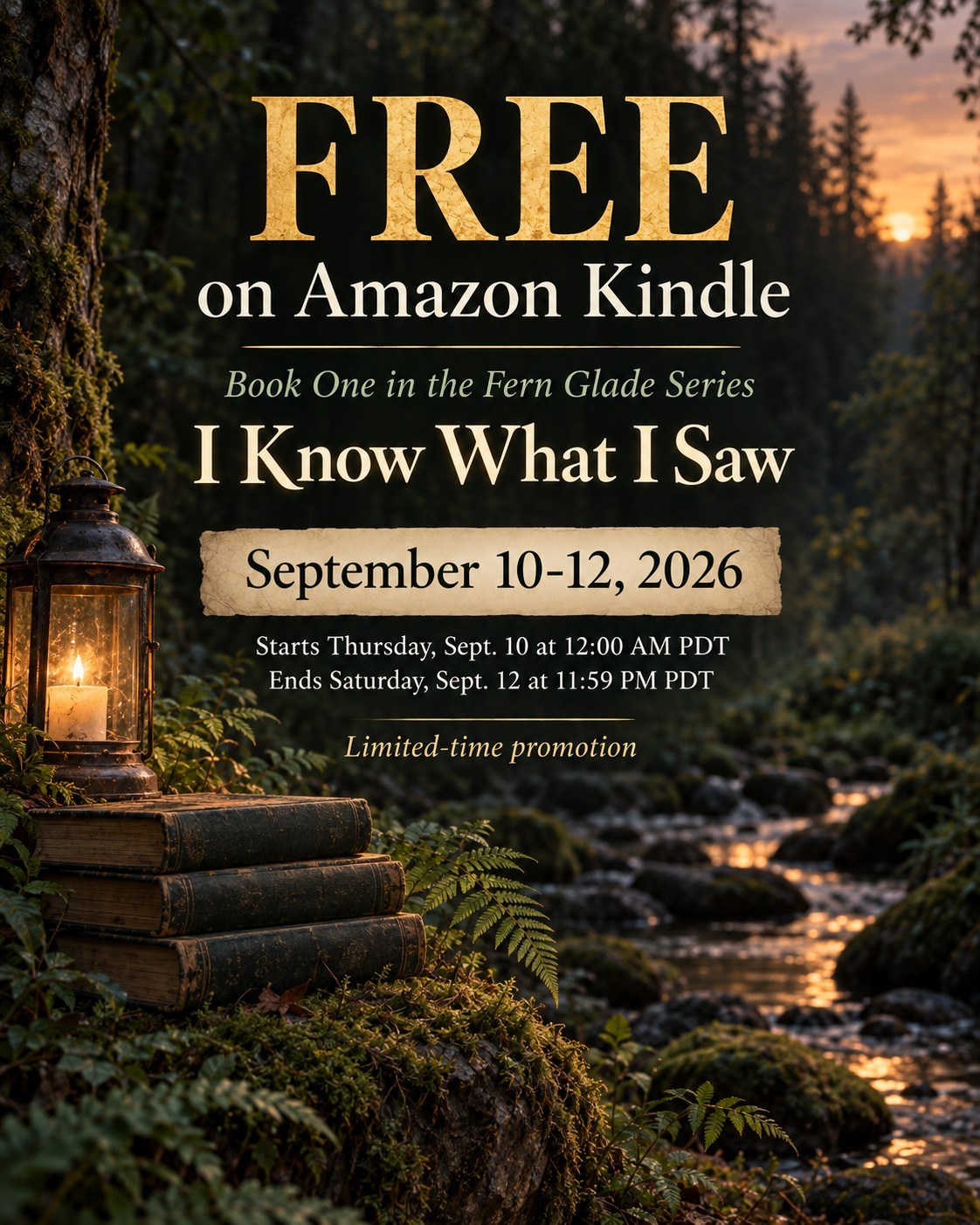 If you've been curious about the Fern Glade Series, this is the perfect time to step into the woods."I Know What I Saw," Book One in the Fern Glade Series, will be FREE on Amazon Kindle September 10-12, 2026.Fern Glade is a small town with secrets, old stories and truths that refuse to stay buried.Start the series here:
https://amzn.to/4xqEGGQThe free Kindle promotion begins Thursday, September 10 at 12:00 a.m. PDT and ends Saturday, September 12 at 11:59 p.m. PDT.If you know a reader who loves atmospheric mysteries, small towns and stories where seeing something is only the beginning, please share this with them. 📚🌿#FernGladeSeries #IKnowWhatISaw #BookRecommendation #IndieAuthor #FreeEbook