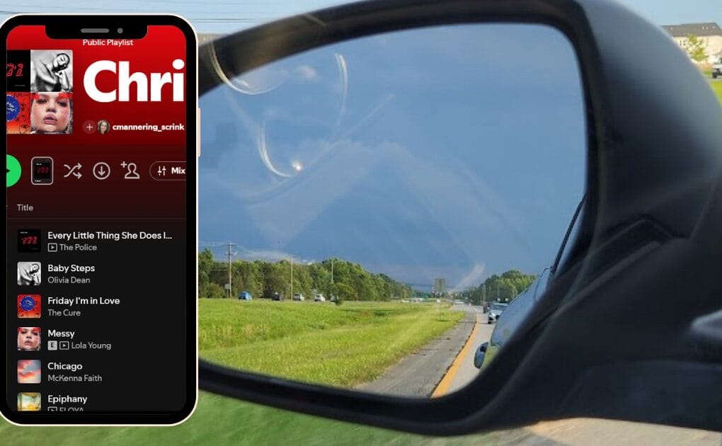 Car side mirror with playlist overlay