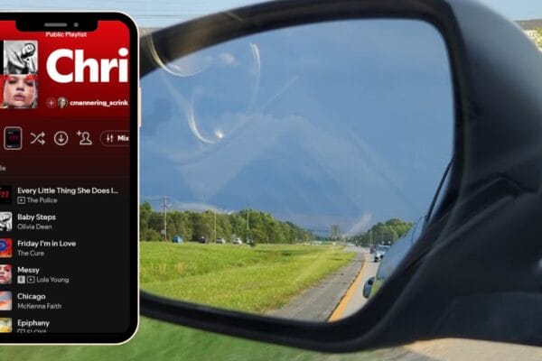 Car side mirror with playlist overlay