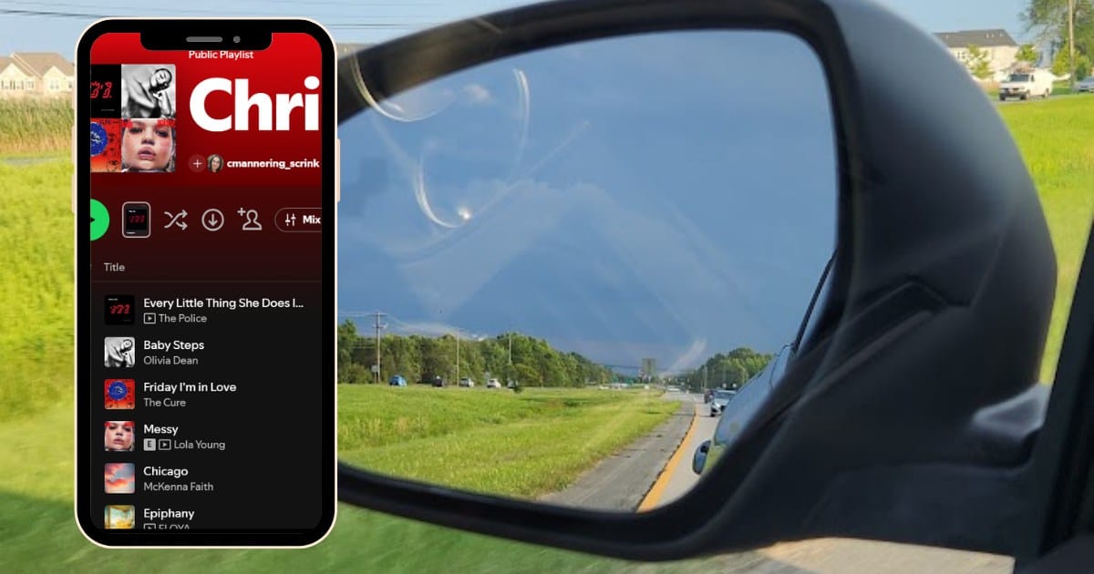 Car side mirror with playlist overlay