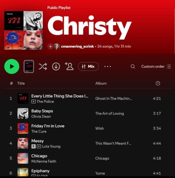 screenshot of Christy playlist on spotify