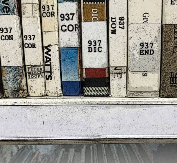Dewey decimal system as show on book spines