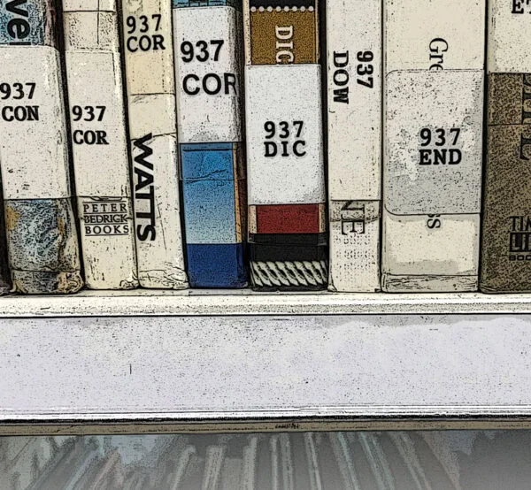 Dewey decimal system as show on book spines