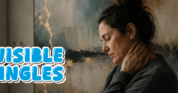 Woman sitting in pain holding neck with words that says Invisible Shingles