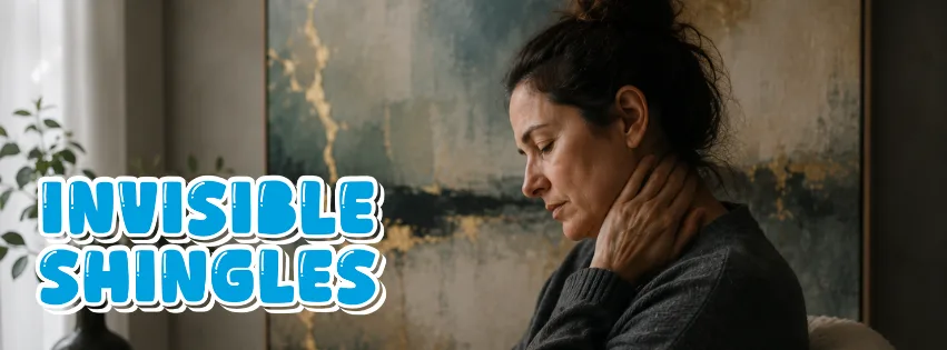Woman sitting in pain holding neck with words that says Invisible Shingles