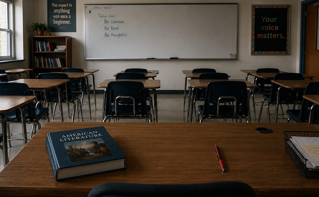 An empty teacher’s desk at the front of a classroom, with rows of student desks facing it. On the desk, place a closed textbook, a red pen.