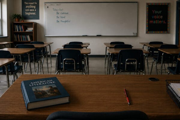 An empty teacher’s desk at the front of a classroom, with rows of student desks facing it. On the desk, place a closed textbook, a red pen.