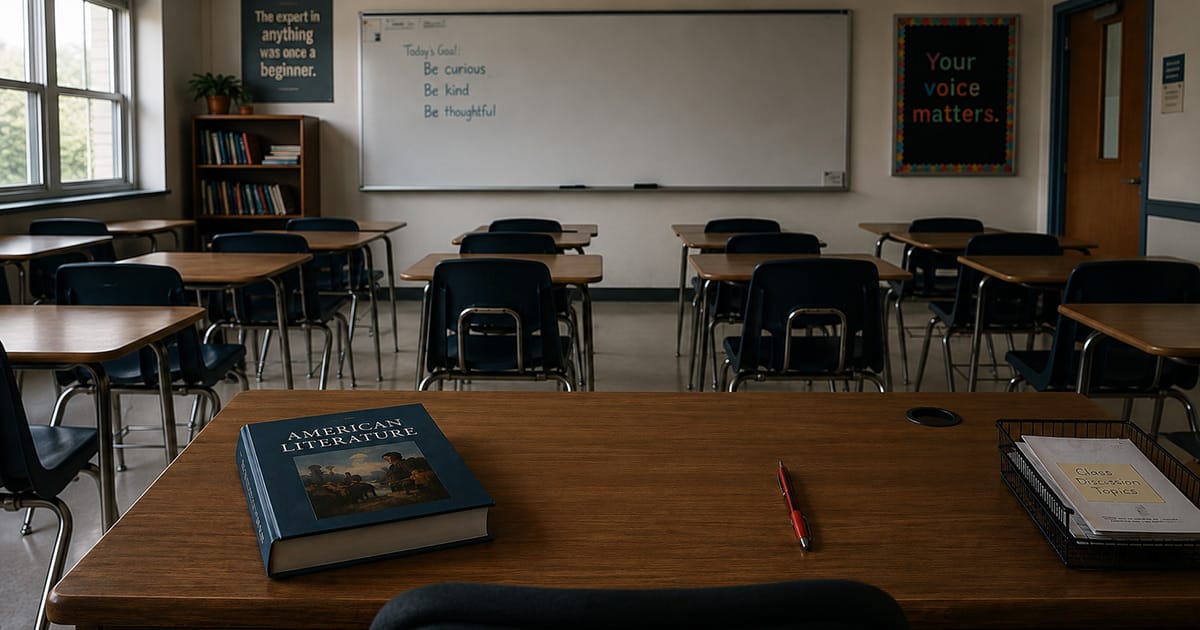 An empty teacher’s desk at the front of a classroom, with rows of student desks facing it. On the desk, place a closed textbook, a red pen.